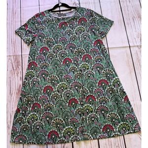 Jamby Styles Womens 3XL Floral Fan Print T-Shirt Dress Green Pink Short Sleeve